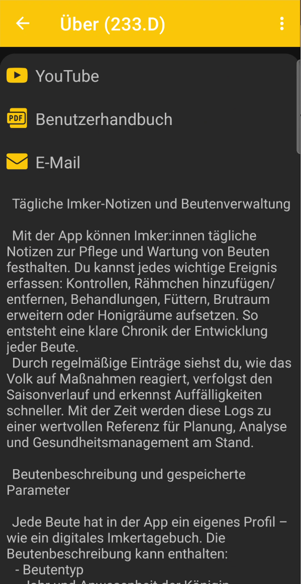 Die Seite „Über die App“ in BeeApiary