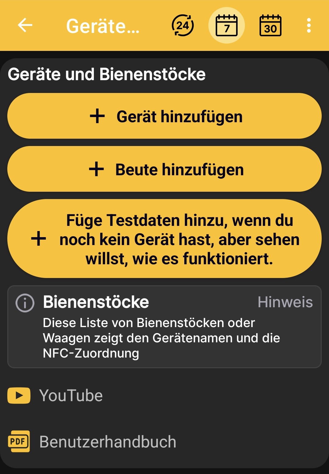Auswahl zum Hinzufügen einer BeeApiary-Waage, eines Bienenstocks oder von Testdaten