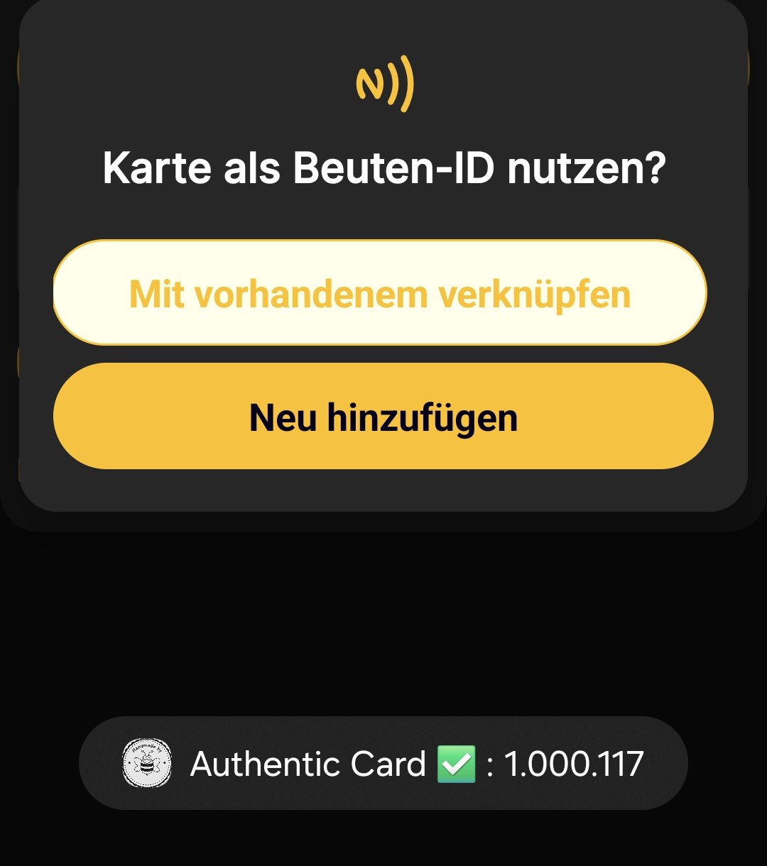 Auswahl zum Verknüpfen einer erkannten NFC-Karte