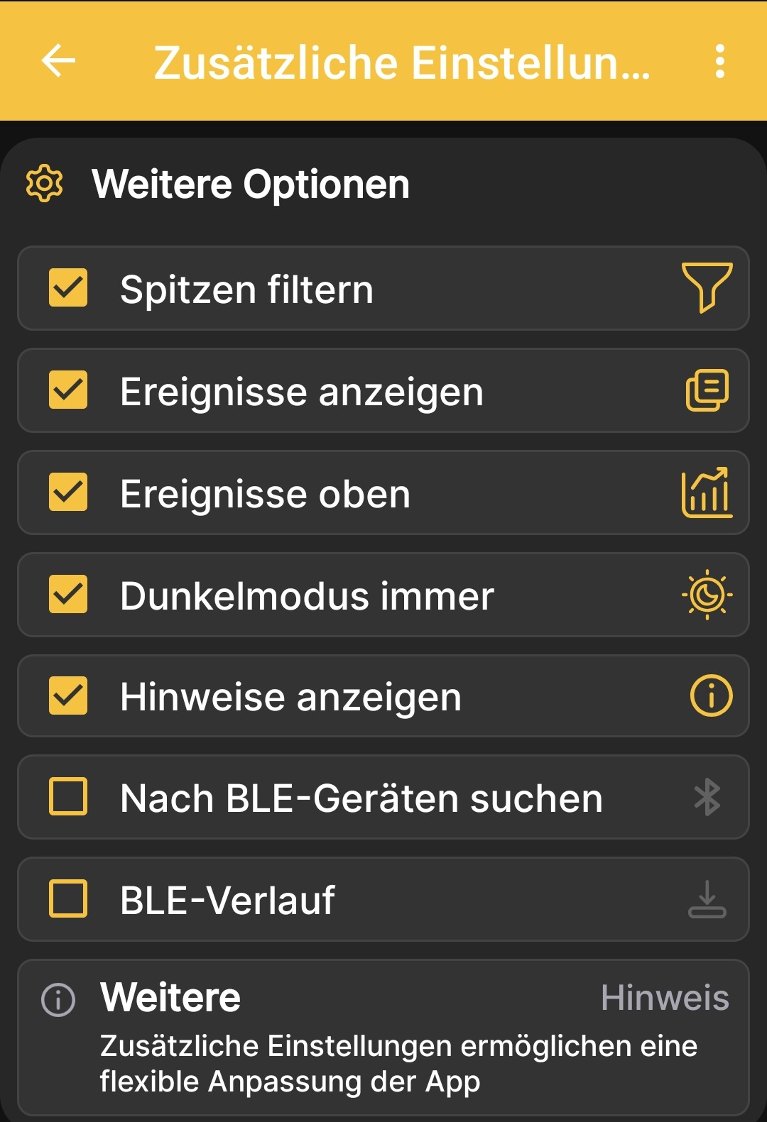 Bluetooth-Optionen in den zusätzlichen Einstellungen der BeeApiary-Android-App