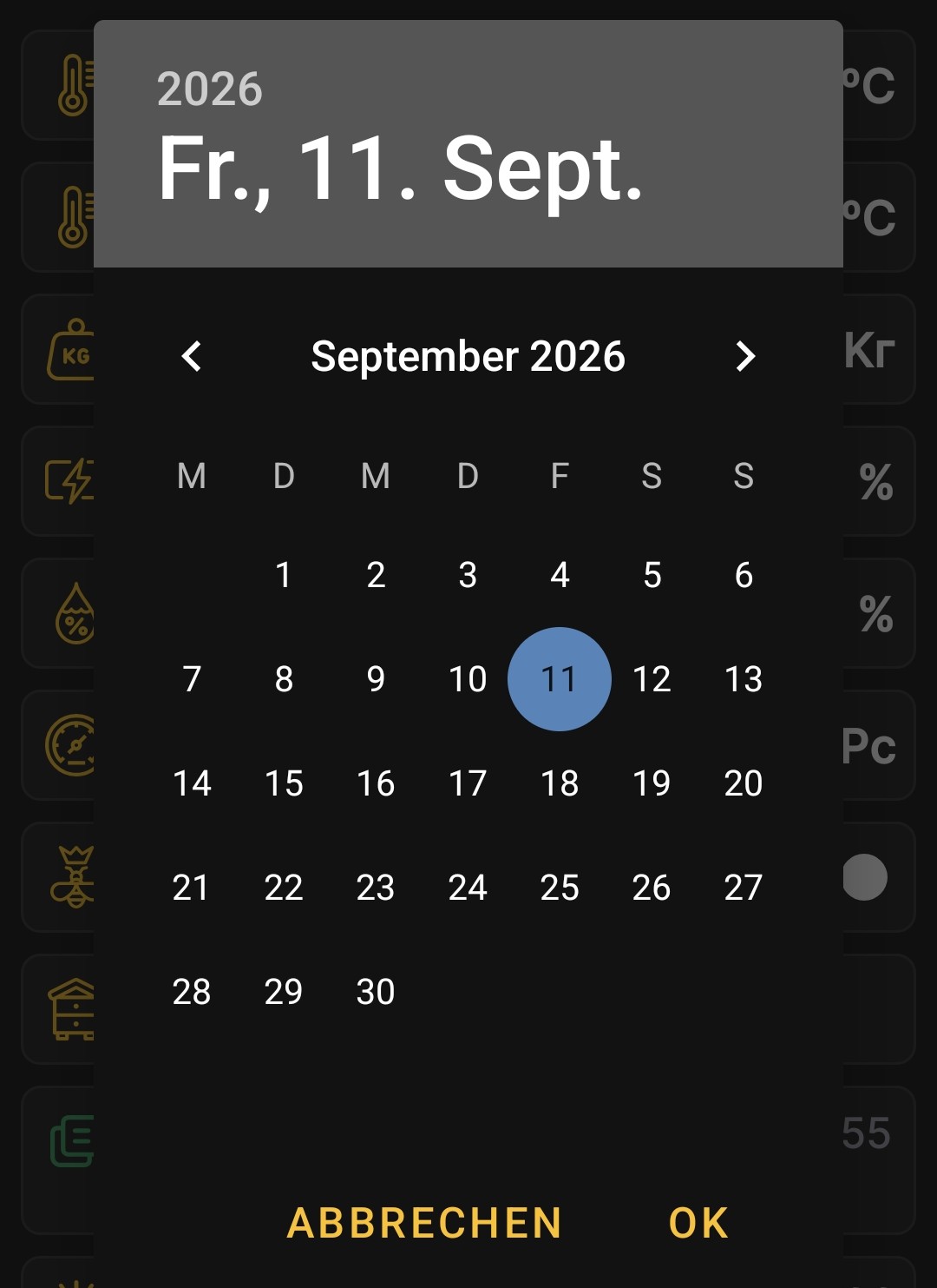 Auswahl des Enddatums für einen Diagrammzeitraum in der BeeApiary-App