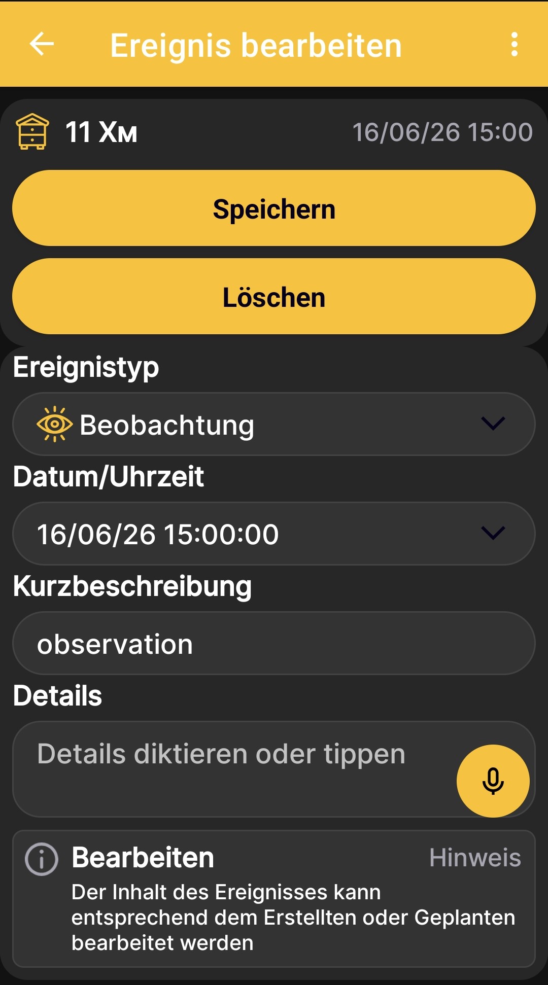 Bildschirm zum Bearbeiten eines Ereignisses in der App