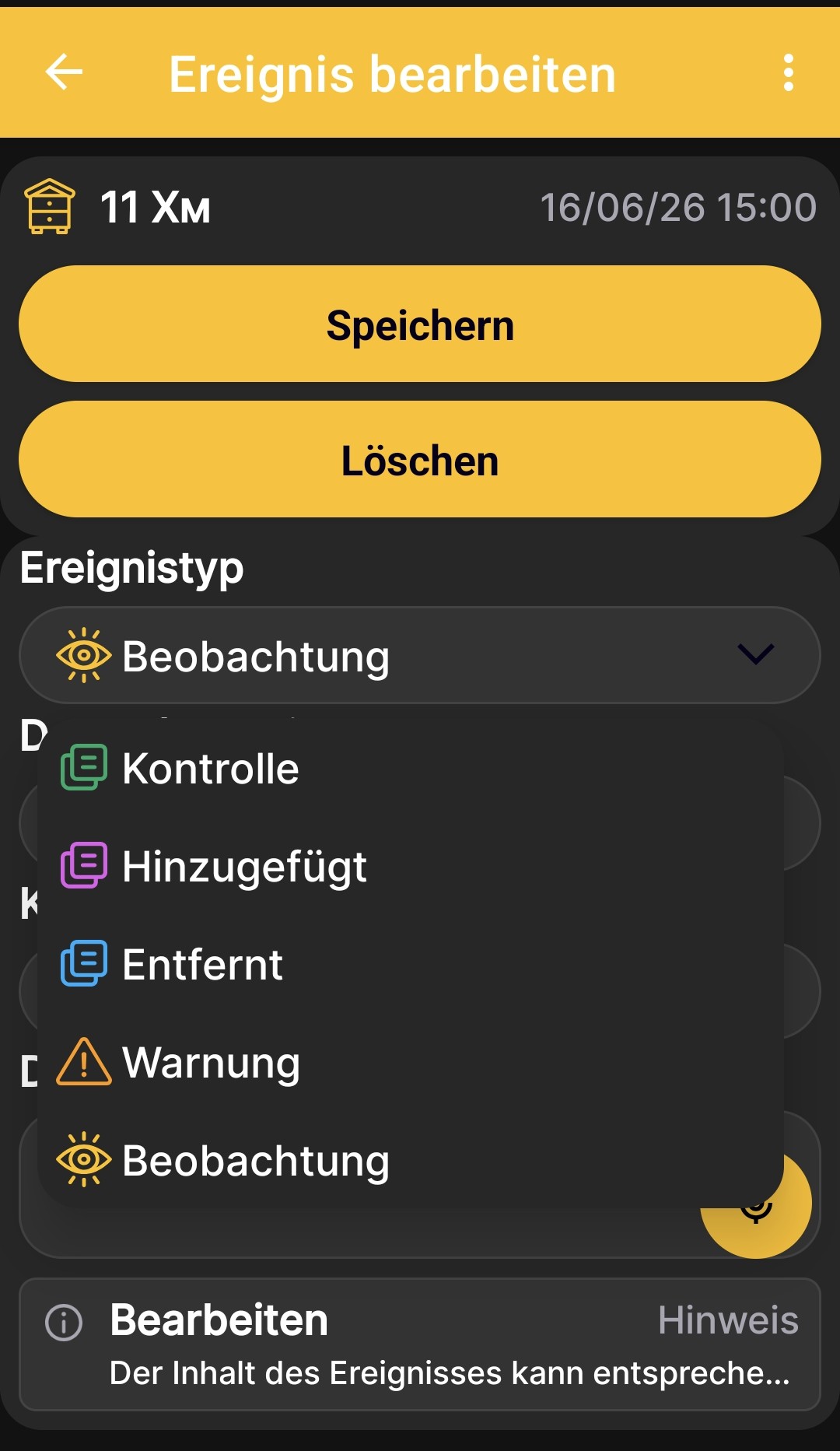 Ereignistyp in der App auswählen