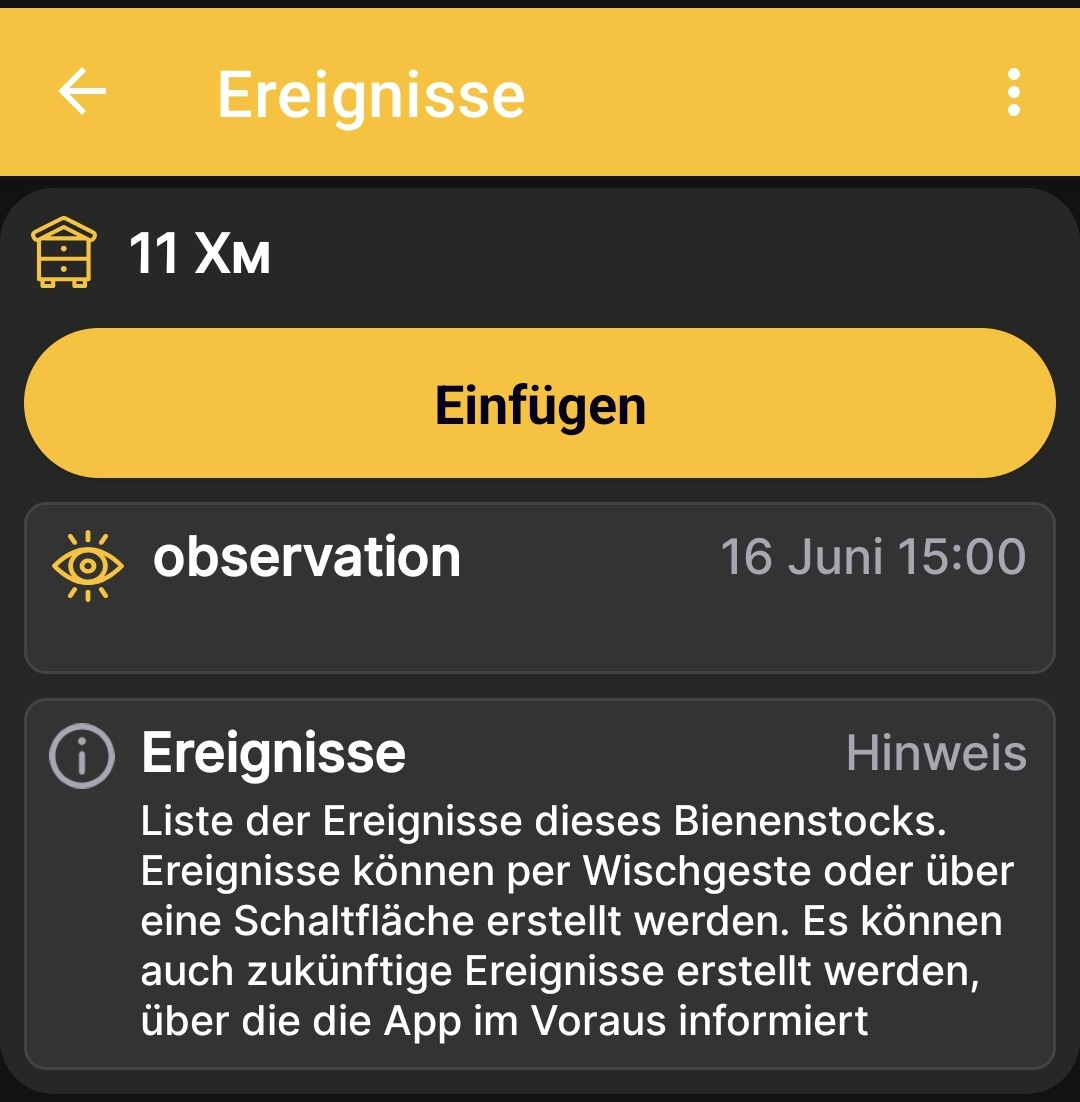 Liste der Ereignisse für den ausgewählten Bienenstock in der App