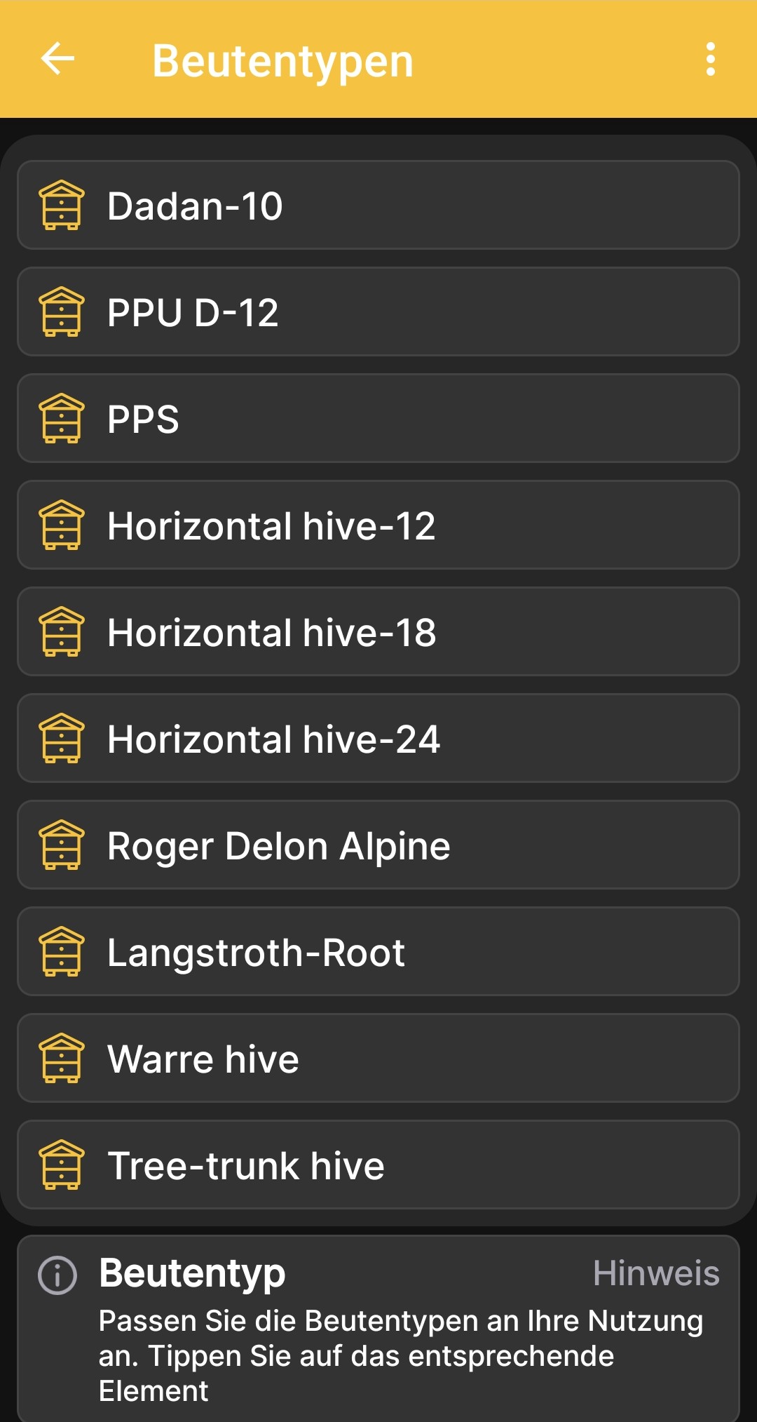 Liste der Beutentypen in der BeeApiary-App