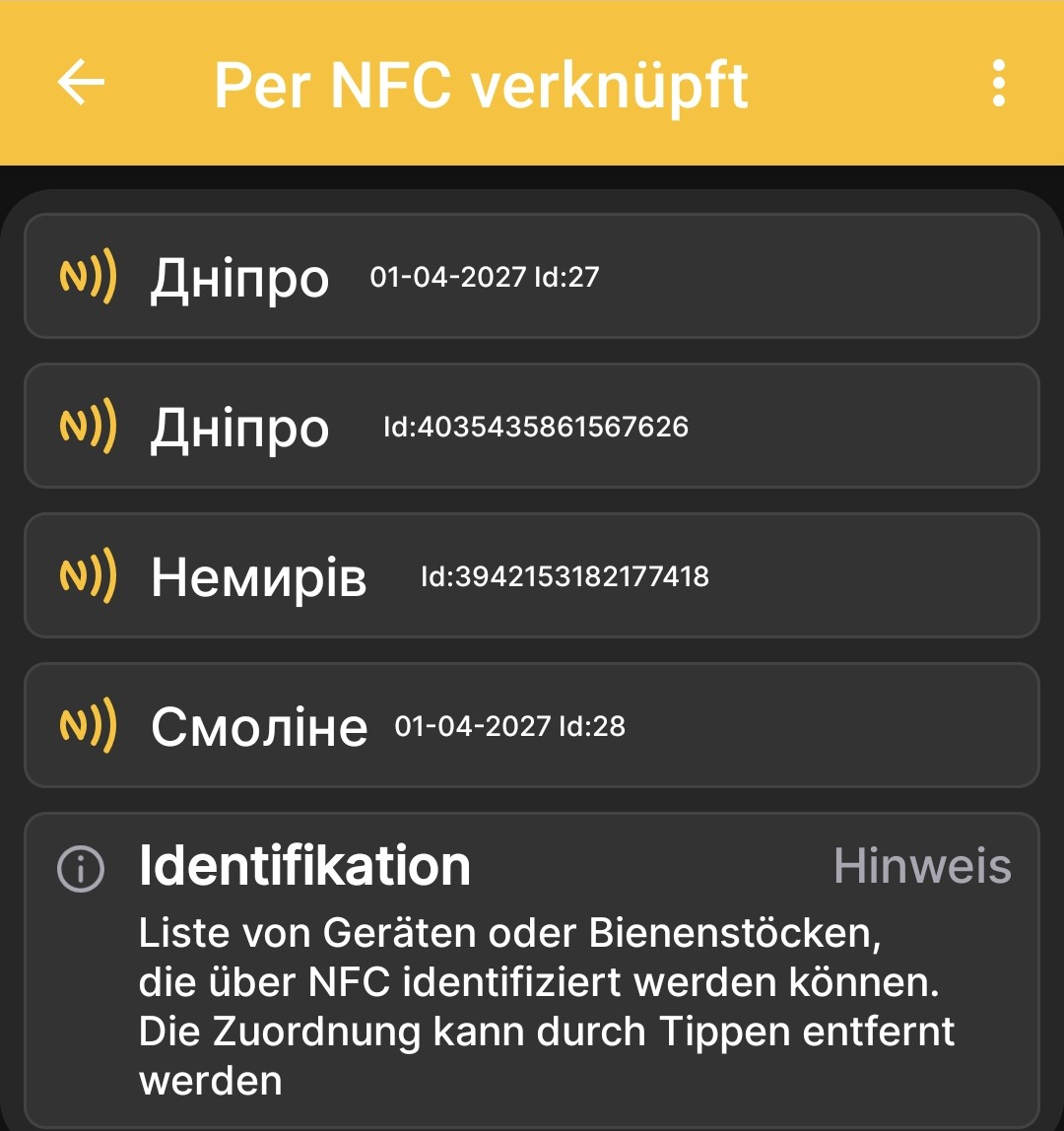 Liste der über NFC verknüpften Geräte und Bienenstöcke