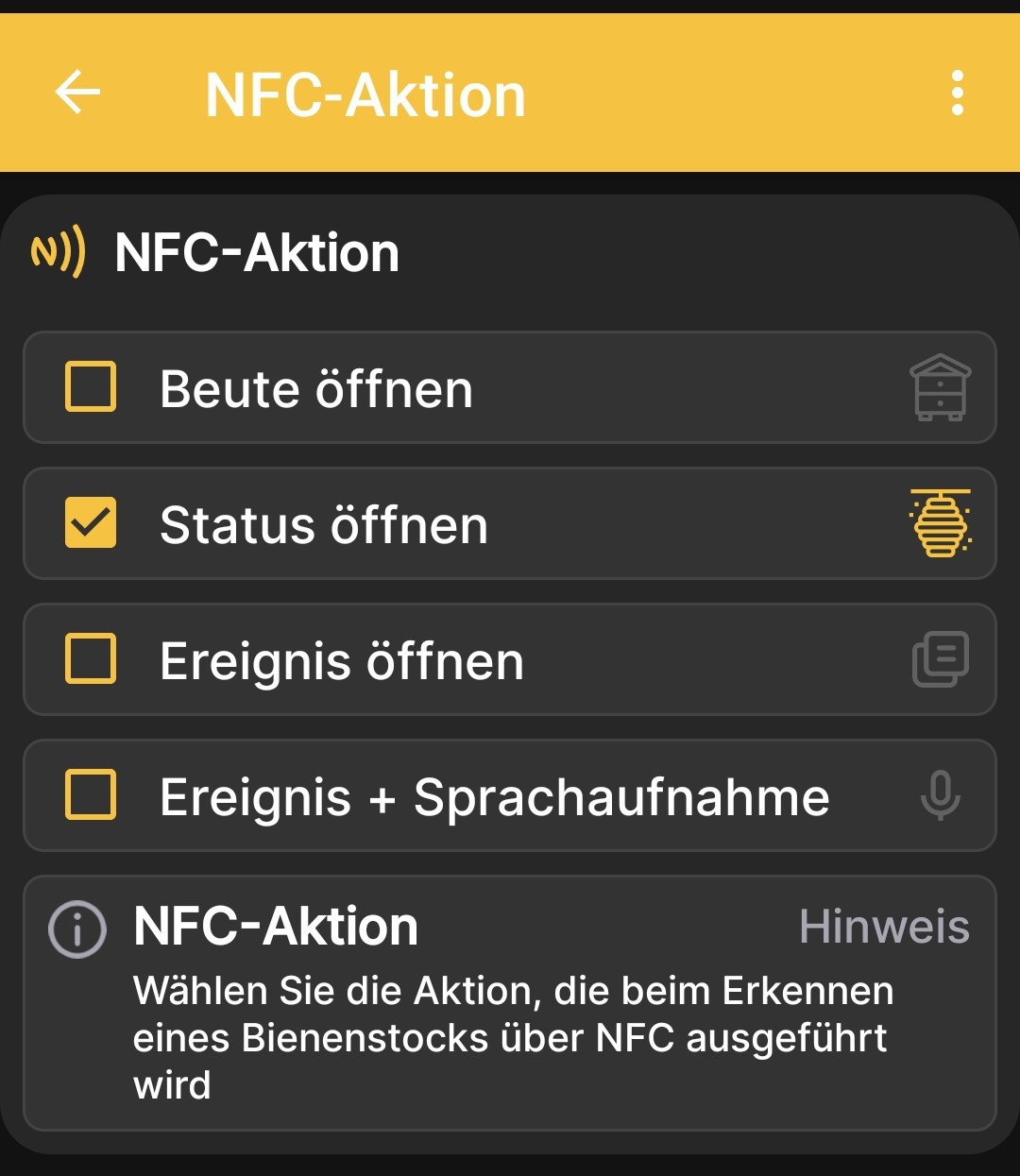 Aktion auswählen, die nach dem Erkennen eines NFC-Tags ausgeführt wird