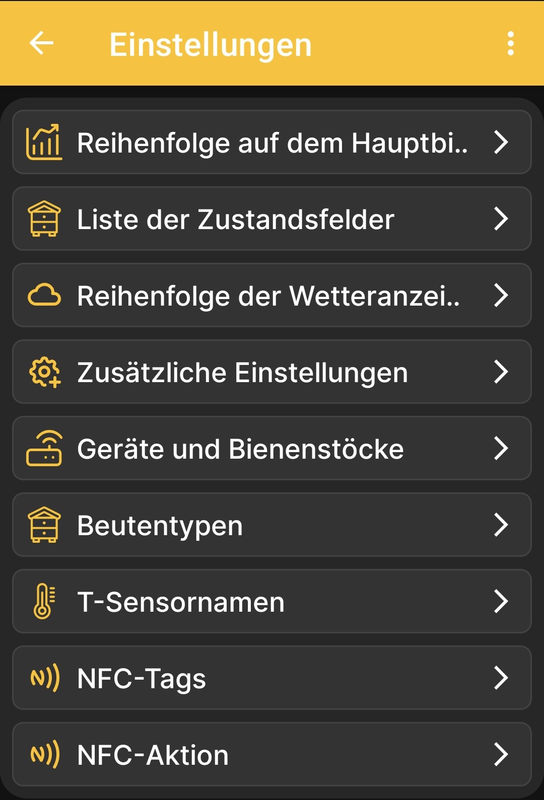 Einstellungsmenü der BeeApiary-App
