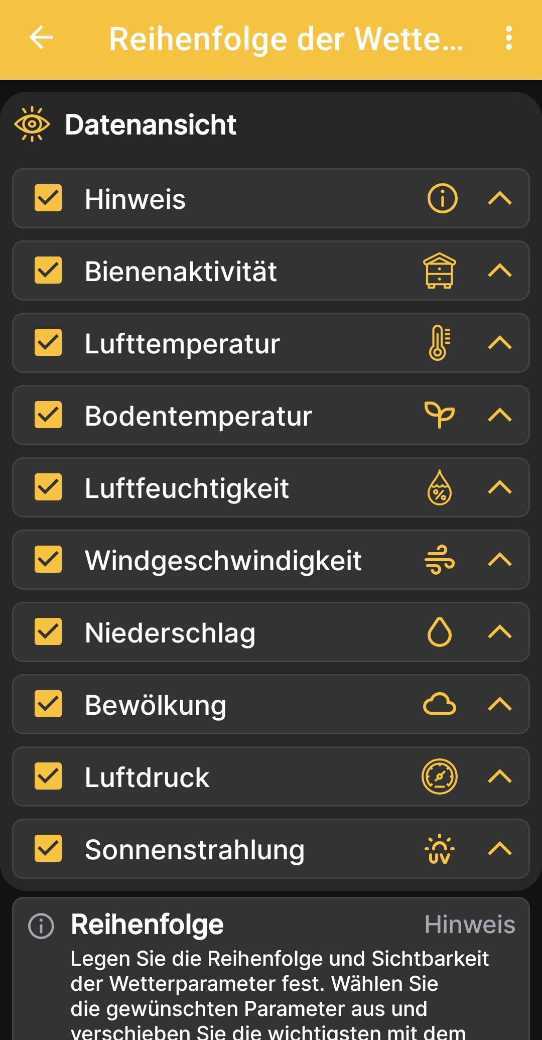 Sichtbarkeit und Reihenfolge der Wetterdaten einstellen