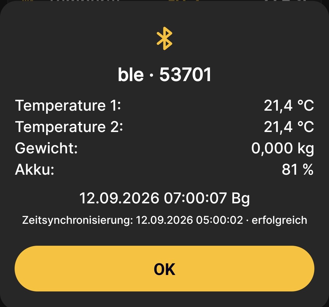 Ergebnis des Empfangs von Messwerten über Bluetooth in der BeeApiary-App