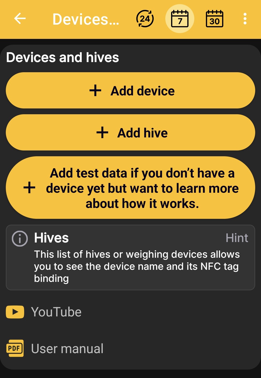 Options for adding BeeApiary scales, a hive, or test data
