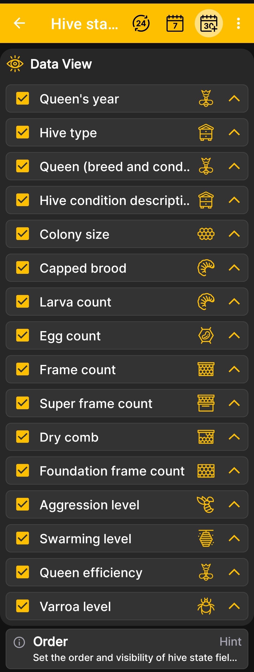 Configuring the visibility and order of hive state fields