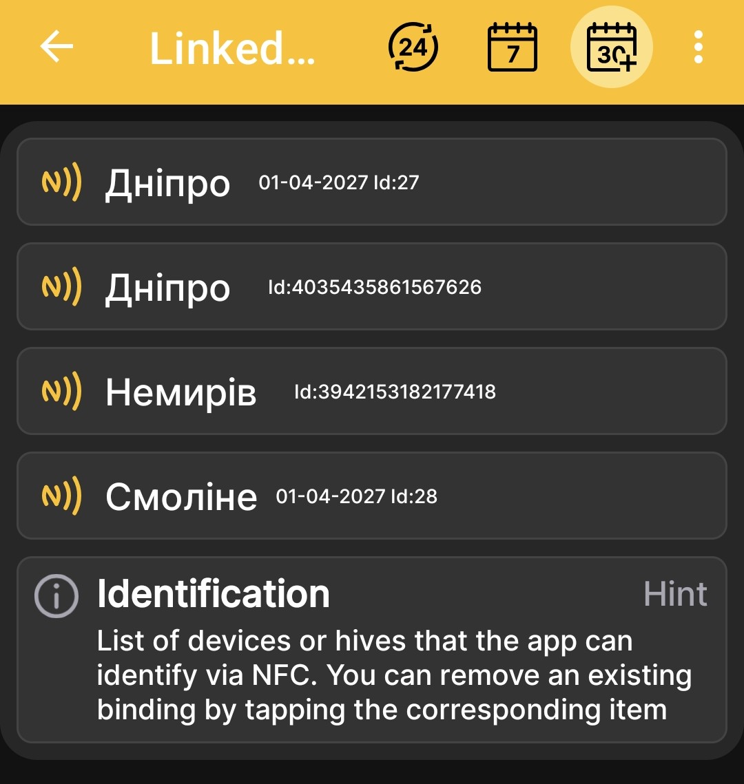 List of devices and hives linked via NFC