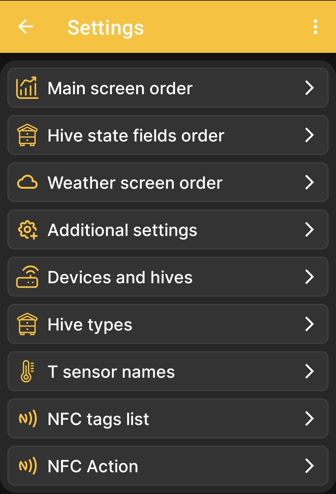 BeeApiary app settings menu
