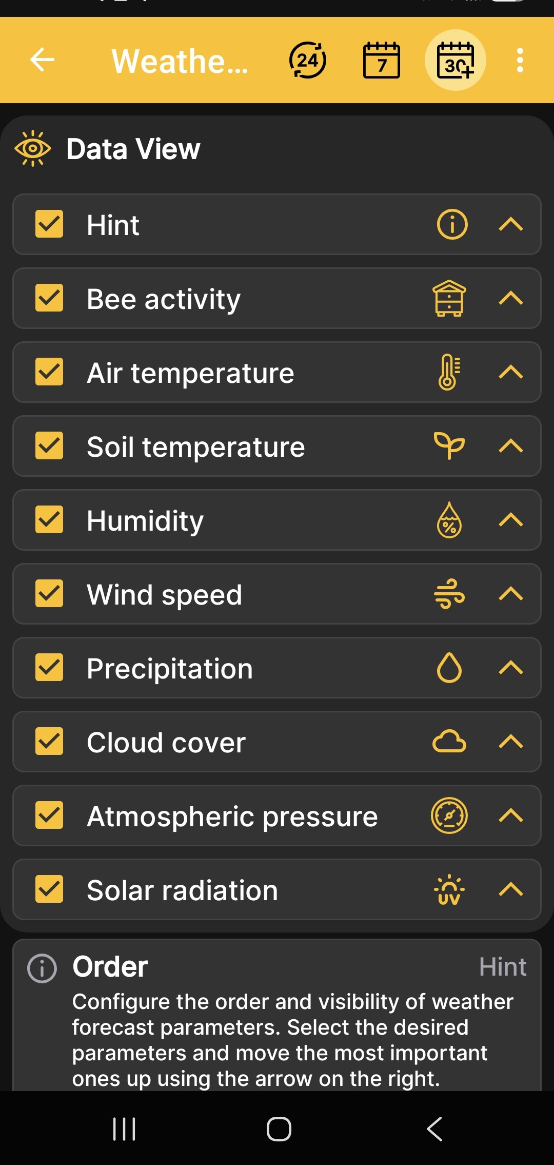 Configuring the visibility and order of weather-screen data