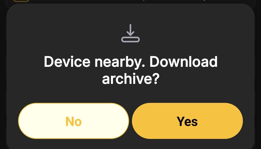 BeeApiary app prompt to download the archive from a nearby device
