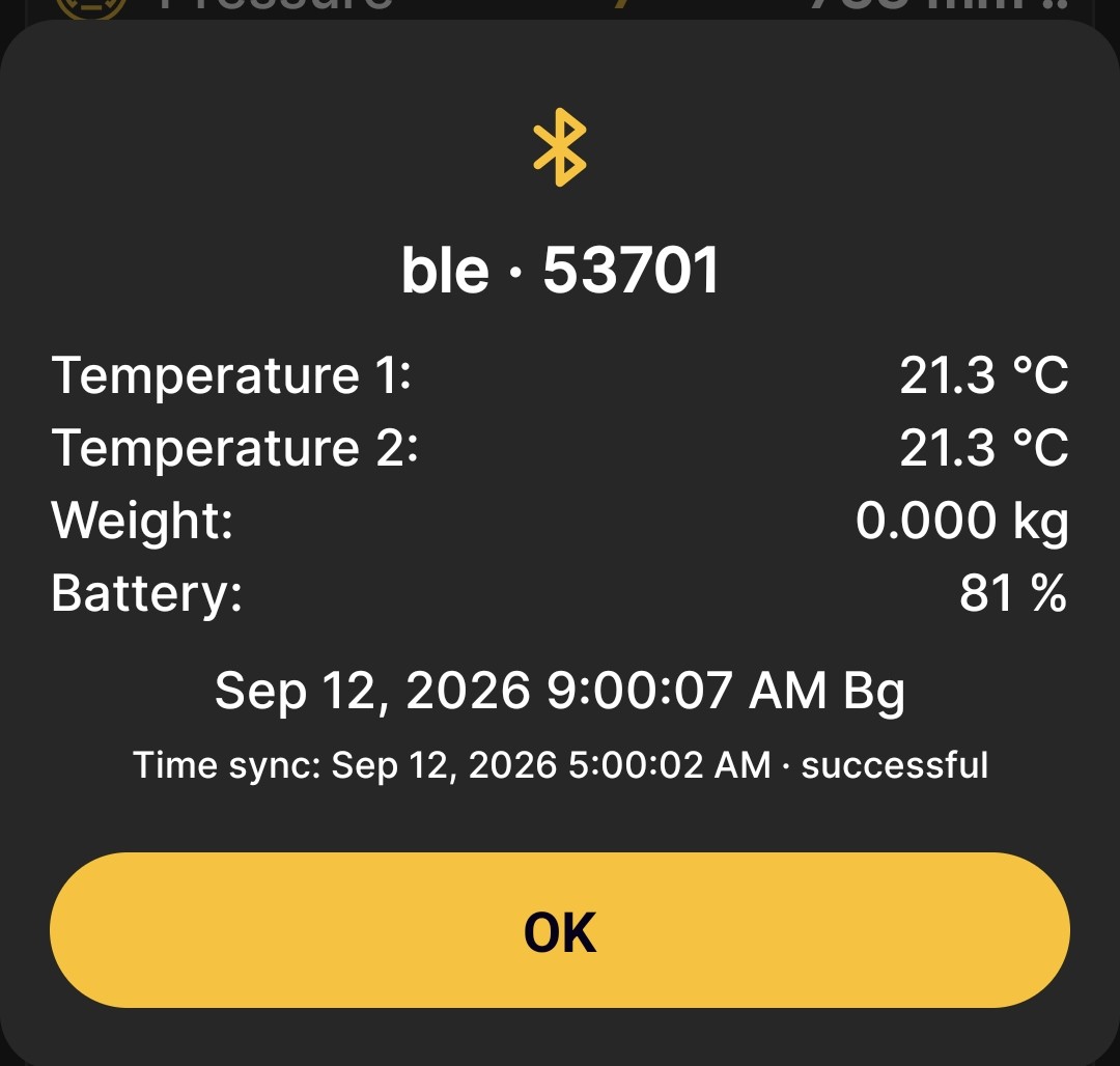 Result of receiving measurements via Bluetooth in the BeeApiary app