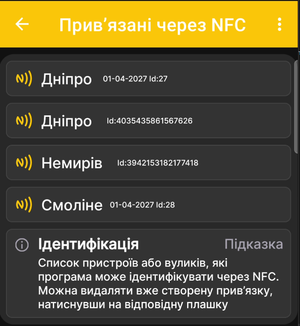 Список пристроїв і вуликів, прив'язаних через NFC